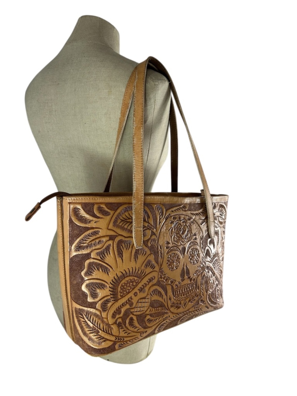 Genuine Vintage Hand Tooled Leather Sugar Skull Floral Tote Bag
